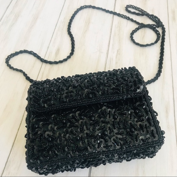 Black Sequined & Beaded Handbag with Long Beaded Strap - Picture 3 of 11